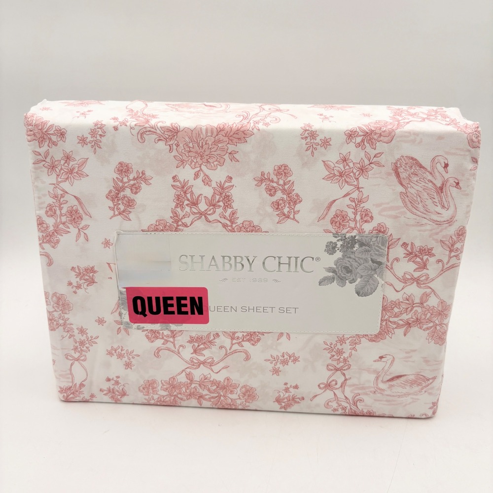 Shabby Chic Queen Sheet Set Pink White Swan Toile Floral 4 Piece Microfiber NEW